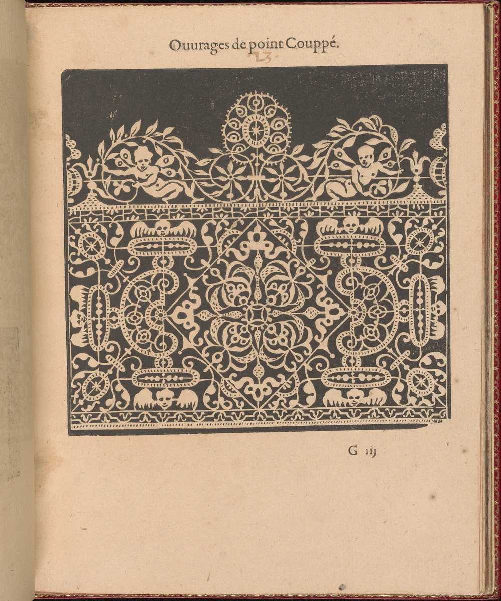 Les Singuliers et Nouveaux Portraicts... page 27 (recto) by Federico de Vinciolo, book, 1588