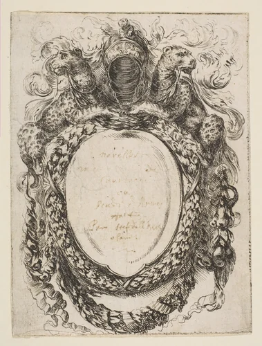 Cartouche Crowned by Helmet and Leopards by Stefano della Bella, print, 1647