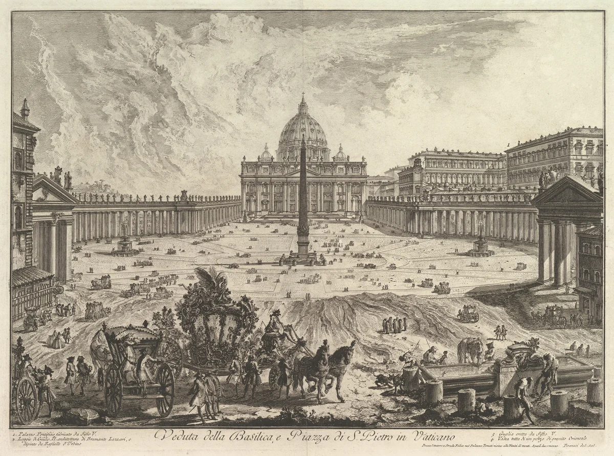 View of St. Peter's Basilica and Piazza in the Vatican, from Vedute di Roma (Roman Views) by Giovanni Battista Piranesi, print, 1743-1753