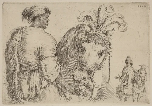 A Black Man Feeding a Horse by Stefano della Bella, print, 1662