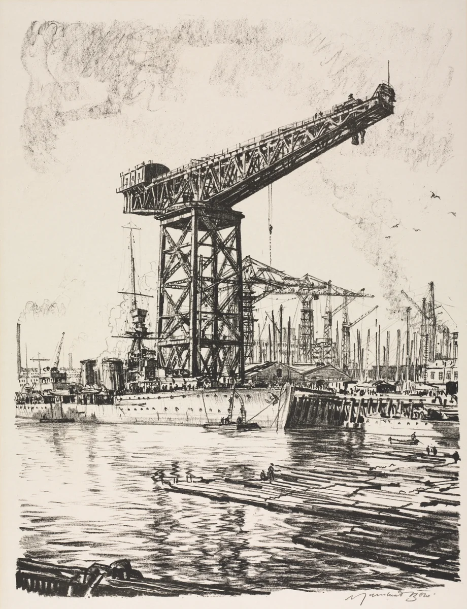 The Great War: Britain's Efforts and Ideals; Building Ships: A Fitting Out Basin by Muirhead Bone, print, 1917