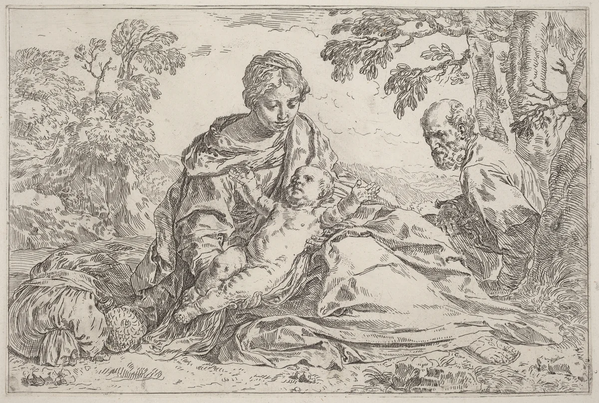 The Rest on the Flight into Egypt by Simone Cantarini, print, 1612-1648