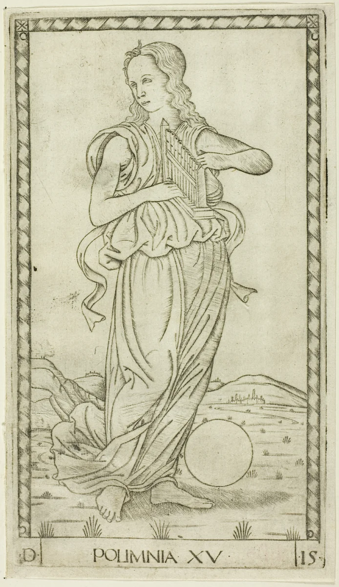 Polyhymnia, plate fifteen from Apollo and the Muses by Master of the E-Series Tarocchi, print, 1460-1470