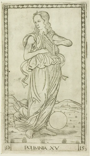 Polyhymnia, plate fifteen from Apollo and the Muses by Master of the E-Series Tarocchi, print, 1460-1470
