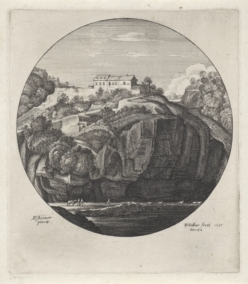 Landschap met huis bij steile rotsen by Wenceslaus Hollar, print, 1646