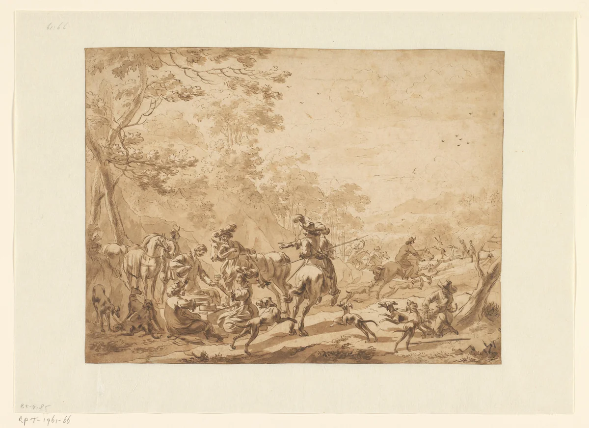 Hertenjacht by anonymous, drawing, 1630-1700
