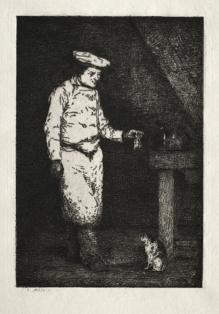 Le déjeuner du chat by Théodule Ribot, print, 1860-1875