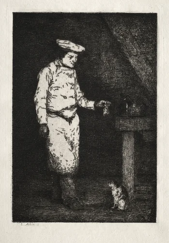 Le déjeuner du chat by Théodule Ribot, print, 1860-1875