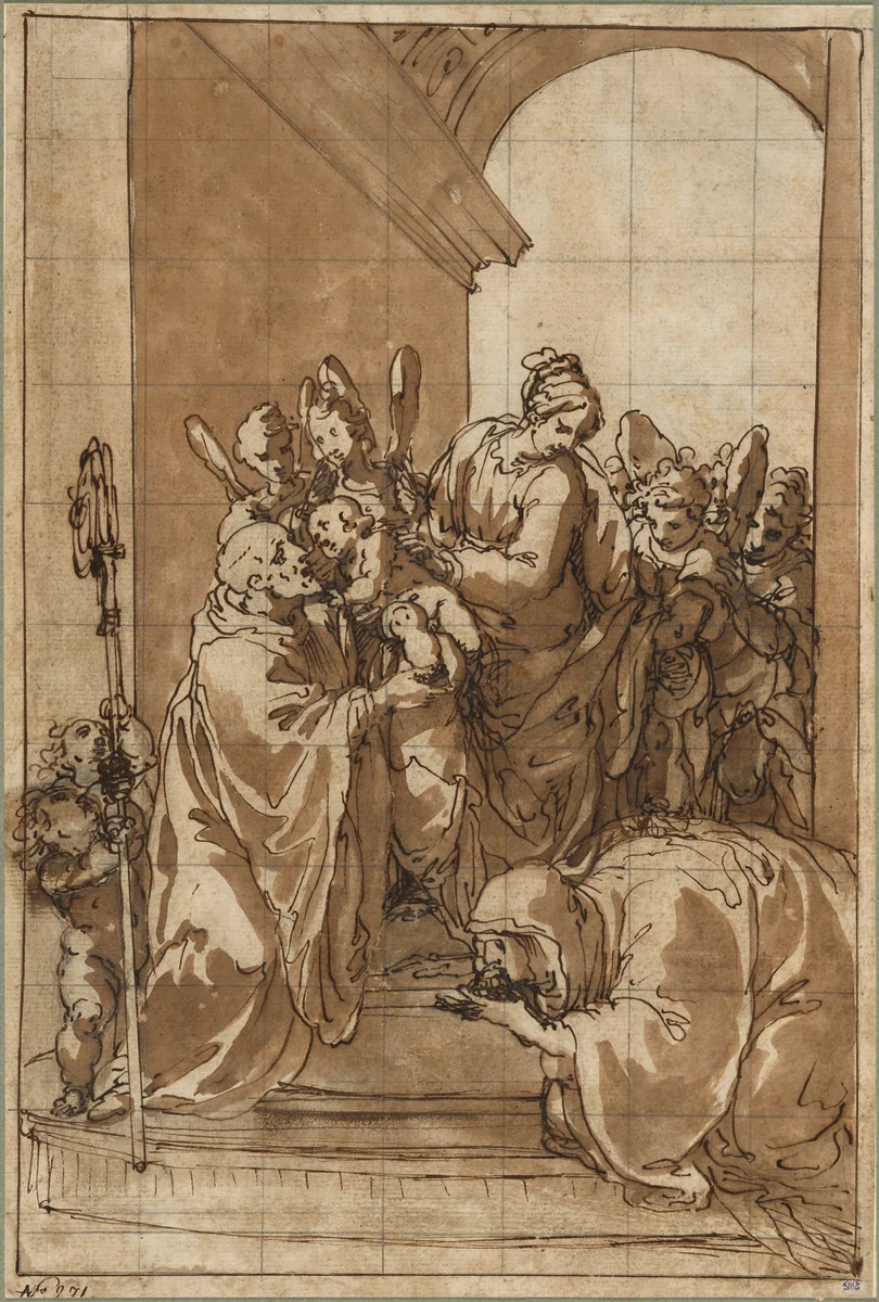 Madonna and Child with Angels, Saint Benedict, and Saint Scholastica by Giulio Benso, drawing, 1629