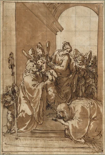 Madonna and Child with Angels, Saint Benedict, and Saint Scholastica by Giulio Benso, drawing, 1629