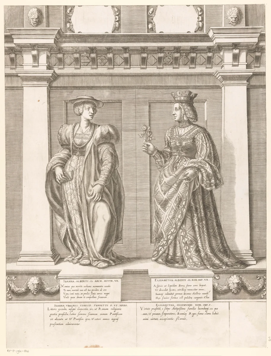 Dubbelportret van Johanna van Pfirt en Elisabeth van Luxemburg by Gaspare Oselli, print, 1569