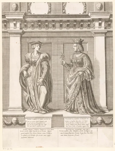 Dubbelportret van Johanna van Pfirt en Elisabeth van Luxemburg by Gaspare Oselli, print, 1569