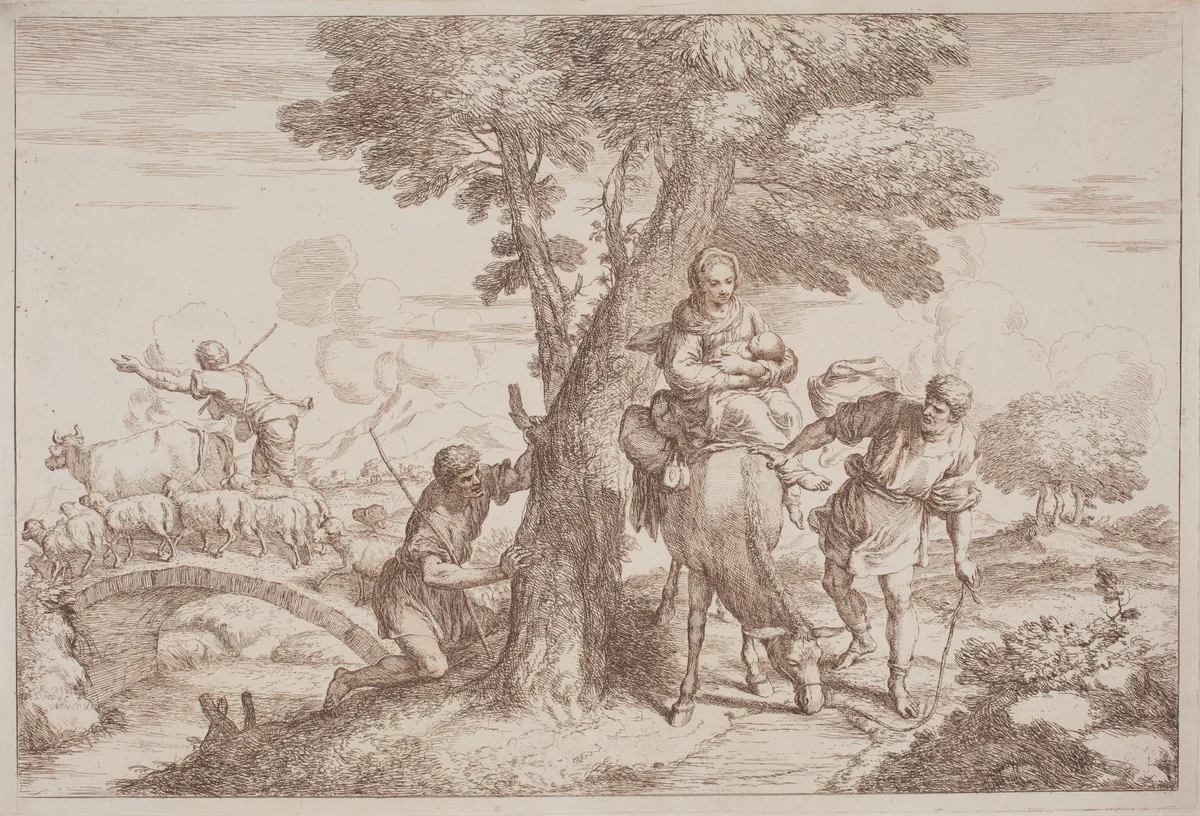 The Flight into Egypt with a Shepherd Watching from Behind a Tree by Gaetano Zompini, Giovanni Benedetto Castiglione, portfolio, 1758-1759