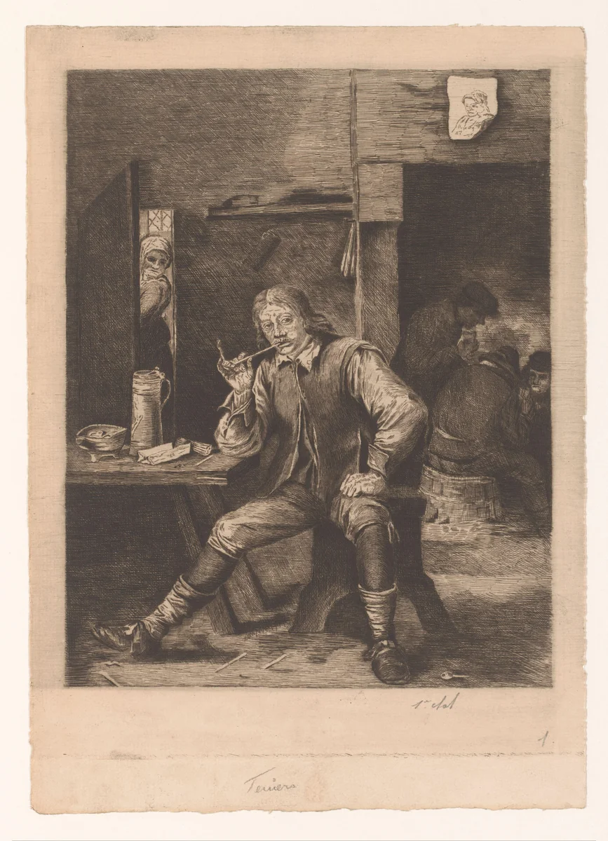 Herberg met pijp rokende man, een vrouw in de deuropening en kaartende mannen by Joseph Dujardin, print, 1896