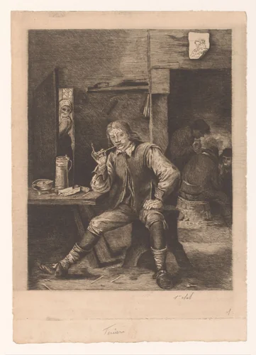 Herberg met pijp rokende man, een vrouw in de deuropening en kaartende mannen by Joseph Dujardin, print, 1896