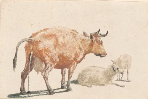 Pissing Cow and Two Sheep by Johann Teyler; Paulus Potter, print, 1685-1697