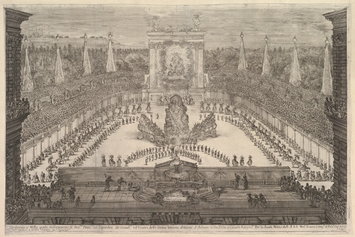 The Prince of Tuscany and his chariots arranged around Mount Atlas in center, from "Il mondo festeggiante" by Stefano della Bella, print, 1661