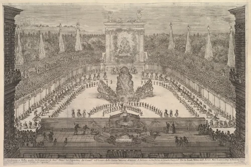 The Prince of Tuscany and his chariots arranged around Mount Atlas in center, from "Il mondo festeggiante" by Stefano della Bella, print, 1661