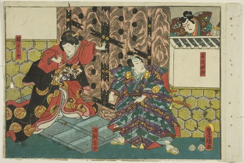 Actors as Fujisawa Shiro, Asari Yoichi, and Hangaku, from an untitled series of half-block images of kabuki scenes by Utagawa Kunisada (歌川国貞), print, 1846-1857