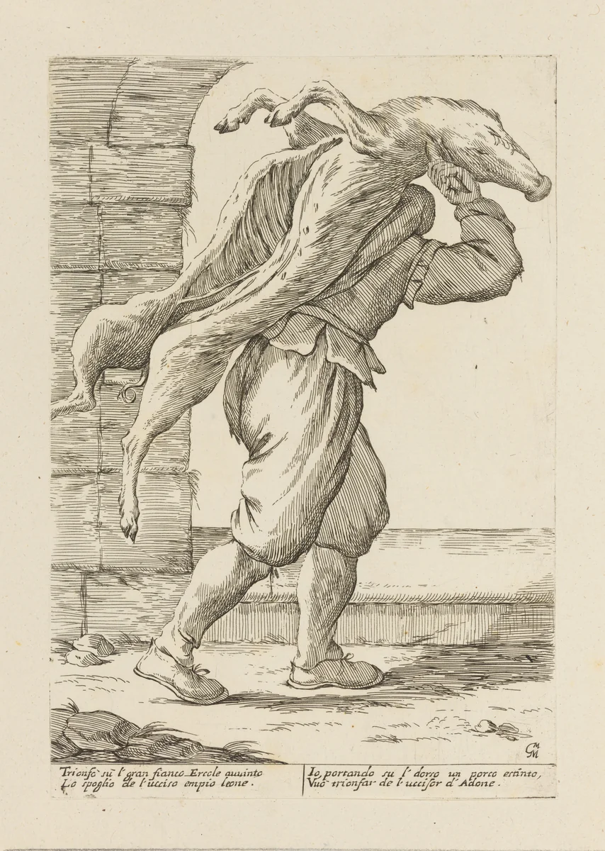 Man Carrying a Butchered Pig, from Di Bologna l'Arti per via D'An.ibal' Ca.rac, plate 21 by Giuseppe Maria Mitelli, print, 1660