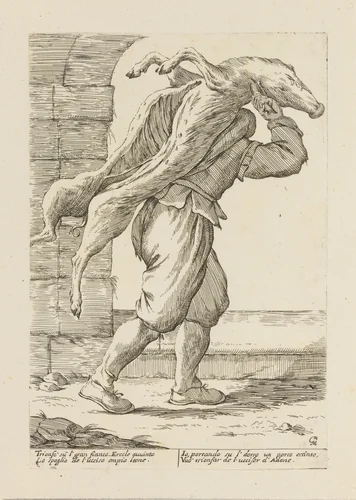 Man Carrying a Butchered Pig, from Di Bologna l'Arti per via D'An.ibal' Ca.rac, plate 21 by Giuseppe Maria Mitelli, print, 1660