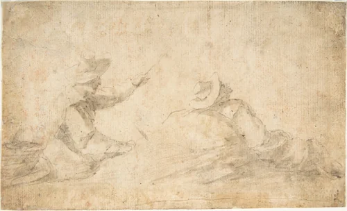 Man Fishing and Man Reclining Against a Rock by anonymous, drawing, 1600-1700
