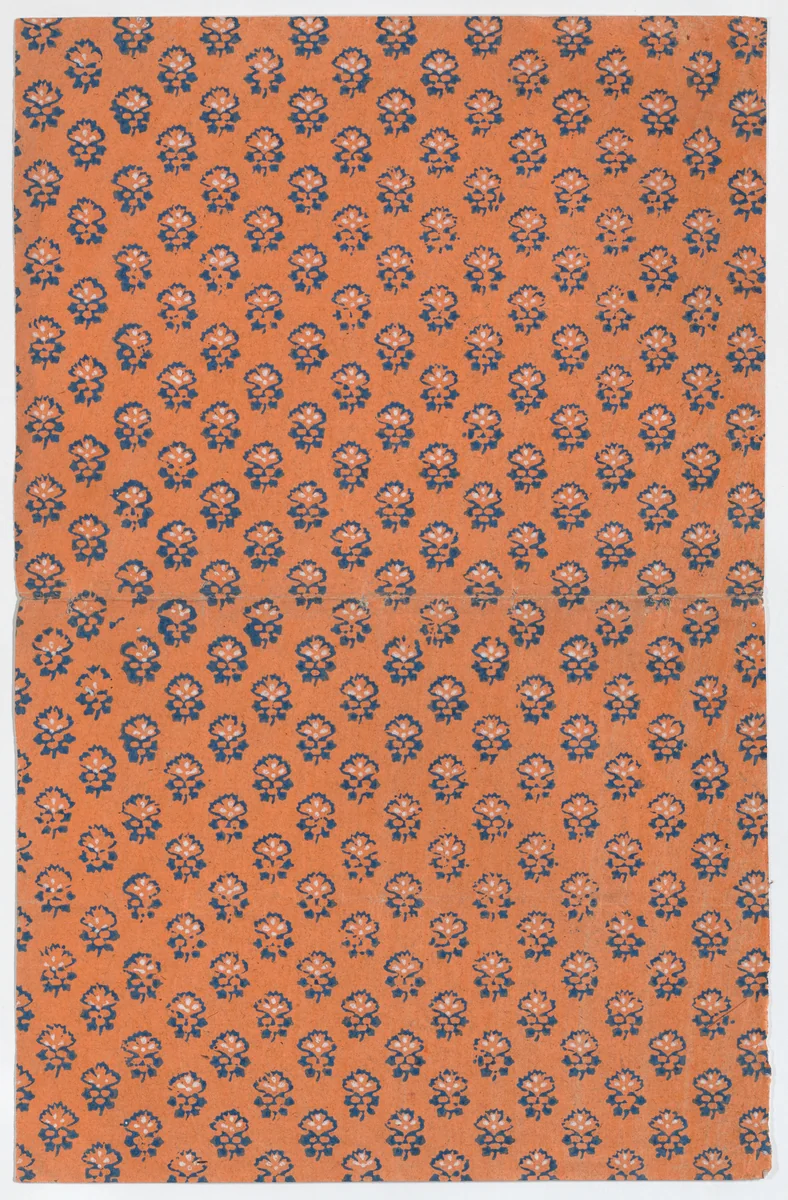 Orange book cover with overall floral pattern by anonymous, print, 1800-1900