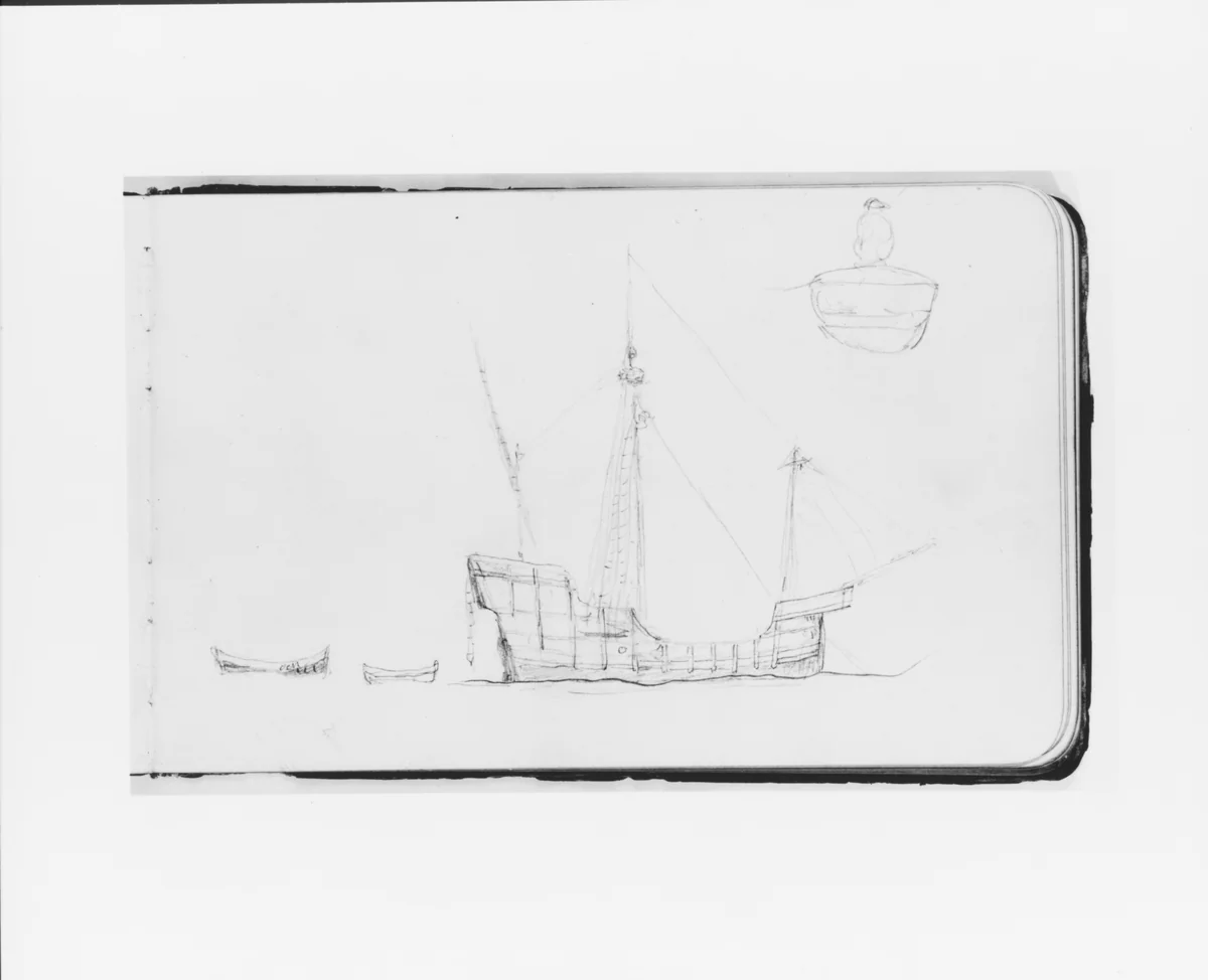 Sketch of a Caravel; Figure in a Boat (from Sketchbook) by Albert Bierstadt, artwork, 1891