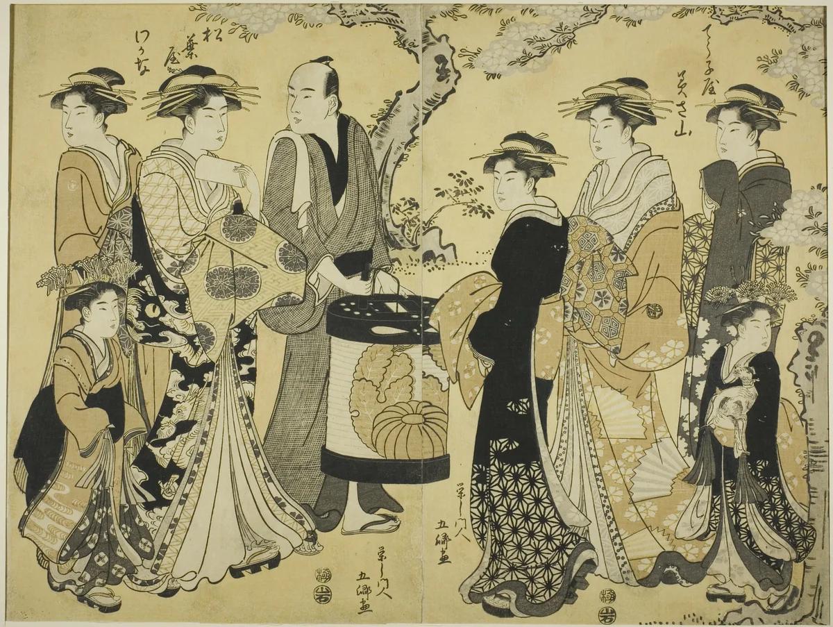 The Courtesans Misayama of the Chojiya and Wakana of the Matsubaya Parading under Cherry Blossoms by Gokyo, print, 1784-1806