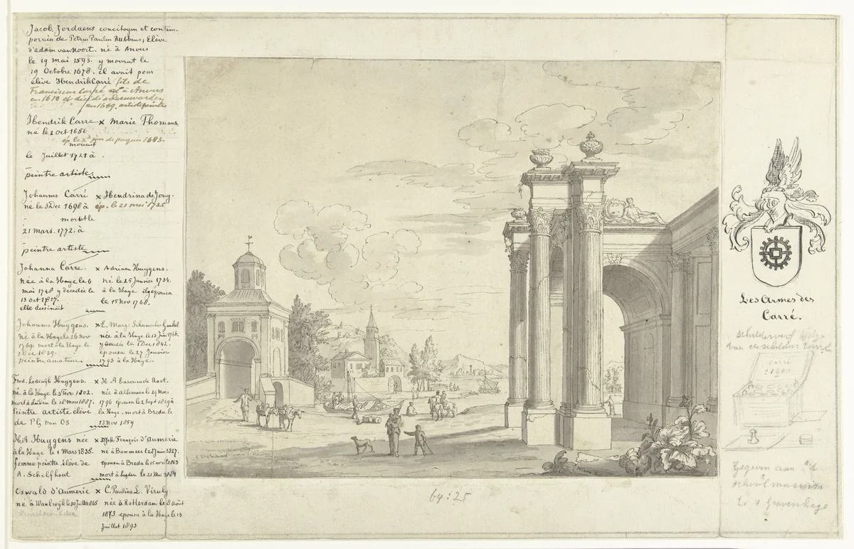 Italianiserend landschap met Romeinse ruïnes by Hendrik Carré, drawing, 1706-1775