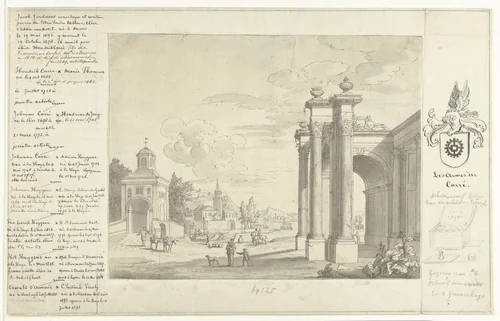 Italianiserend landschap met Romeinse ruïnes by Hendrik Carré, drawing, 1706-1775