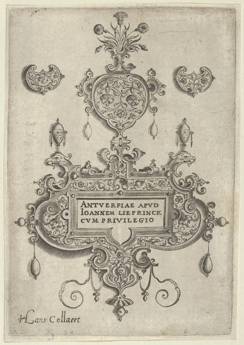 Title Plate, from Pendant Designs with Deities in Niches and Flower-Arabesques by Jan Collaert, print, 1530-1573