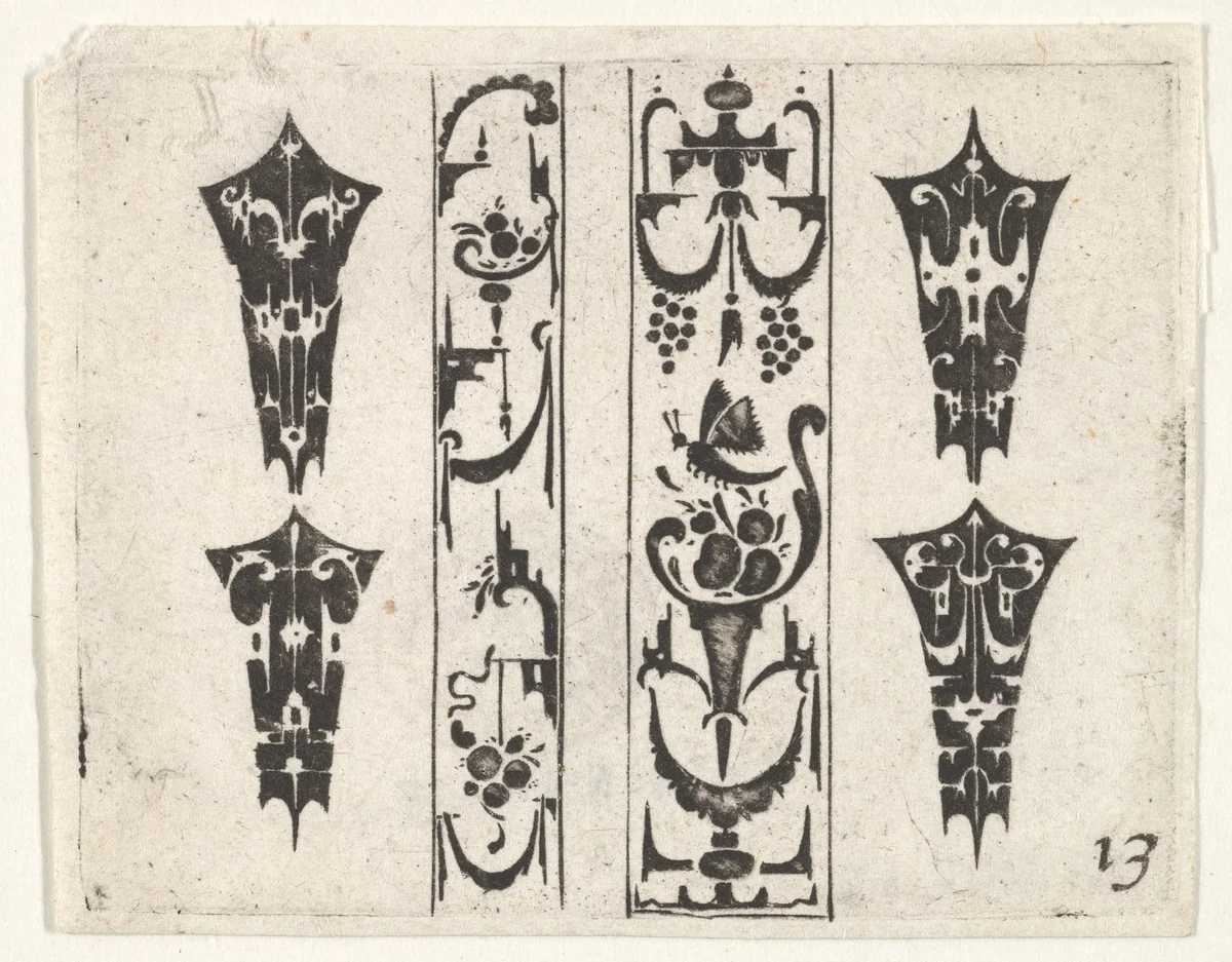 Blackwork Print with Two Vertical Panels and Four Bezels by Claes Jansz Visscher, print, 1600-1620