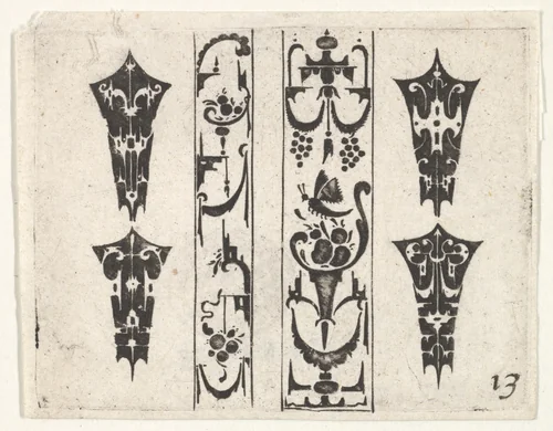 Blackwork Print with Two Vertical Panels and Four Bezels by Claes Jansz Visscher, print, 1600-1620