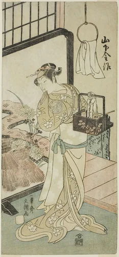 The Actor Yamashita Kinsaku II as Oume, Wife of Kisaku, in the Play Nue no Mori Ichiyo no Mato, Performed a the Nakamura Theater in the Eleventh Month, 1770 by Ippitsusai Buncho, print, 1765-1775