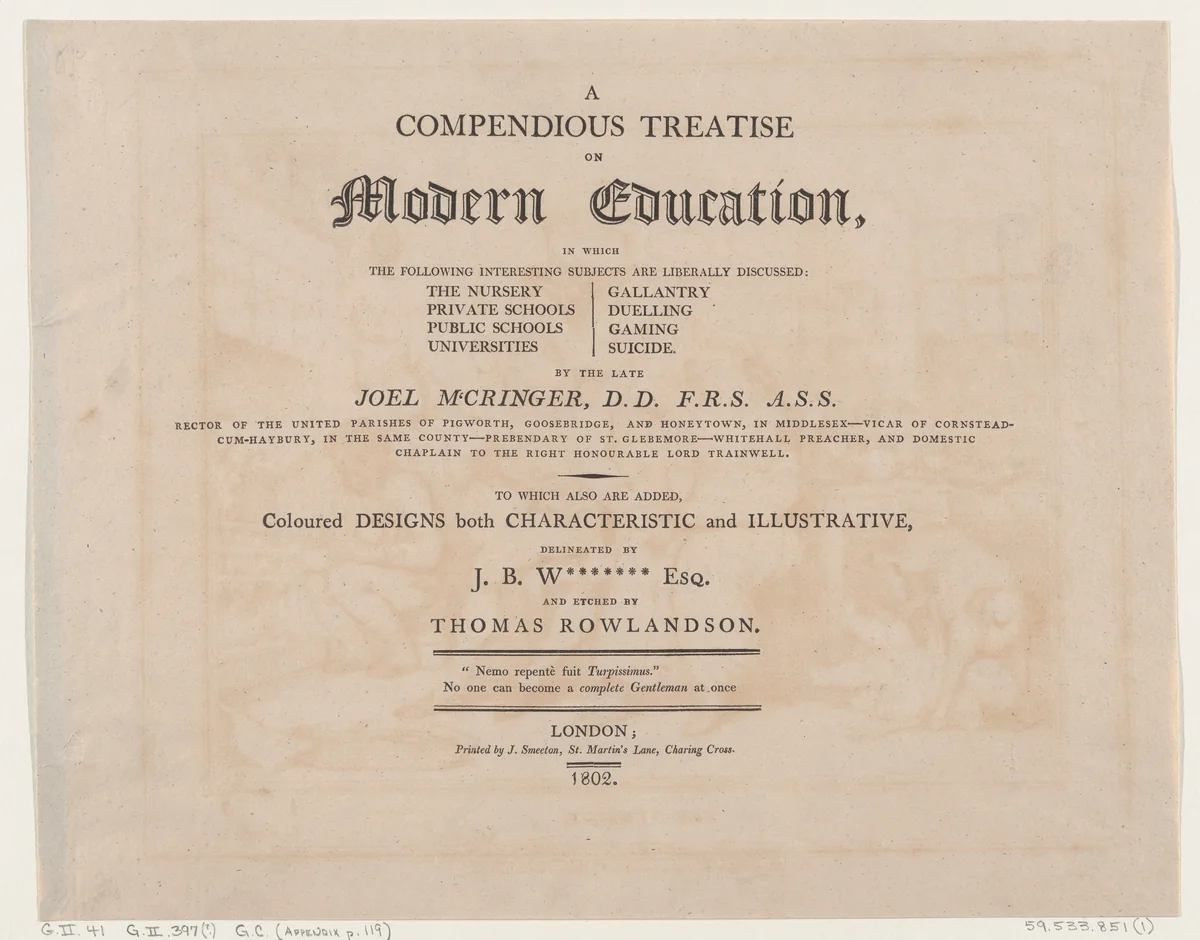 A Compendious Treatise on Modern Education by Thomas Rowlandson, print, 1802