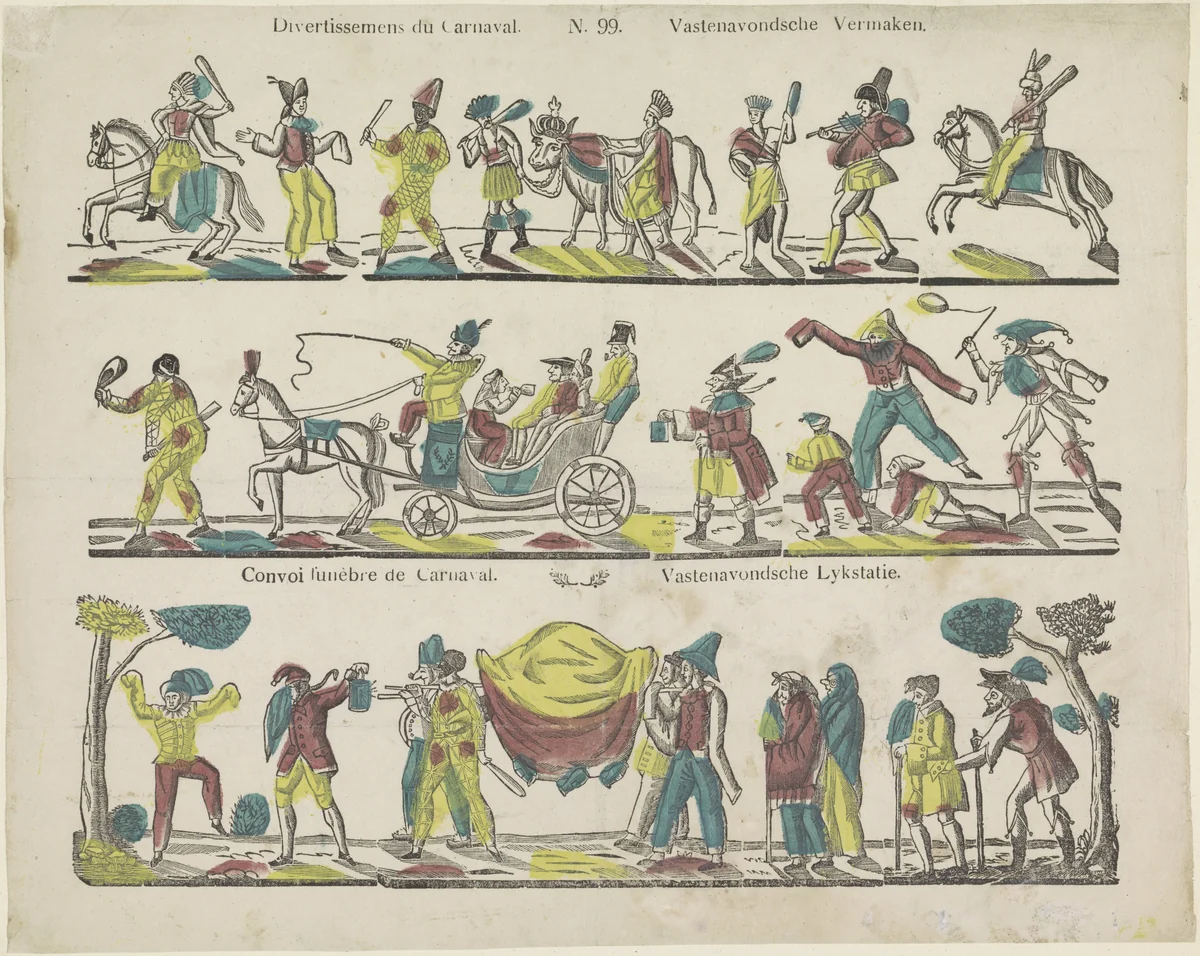 Divertissemens du carnaval / Vastenavondsche vermaken / Convoi funèbre de carnaval / Vastenavondsche lykstatie by Philippus Jacobus Brepols, print, 1800-1833