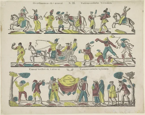 Divertissemens du carnaval / Vastenavondsche vermaken / Convoi funèbre de carnaval / Vastenavondsche lykstatie by Philippus Jacobus Brepols, print, 1800-1833