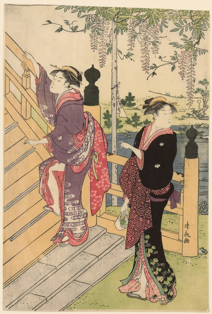 Admiring the wisteria at Kameido Shrine by Torii Kiyonaga (鳥居清長), print, 1781-1791