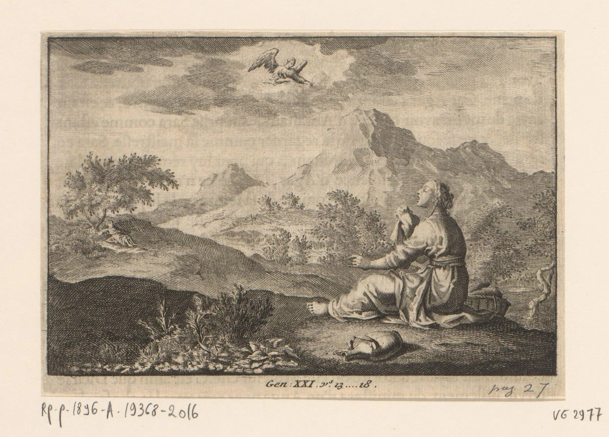 Hagar en de engel by Jan Luyken, print, 1703-1762
