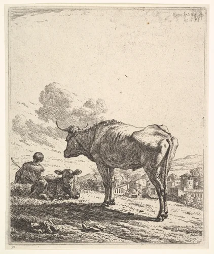 Cowherd with cow and calf on a hillside, the cowherd viewed from behind and seated in the grass, the cow standing and facing the recumbent calf, a village beyond by Karel Dujardin, print, 1658