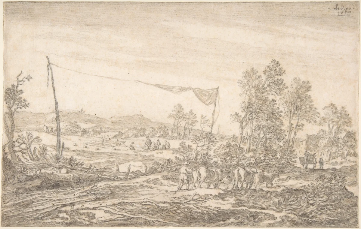 Landscape with Figures and Cattle by Pieter de Molijn, drawing, 1658