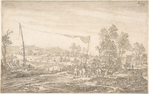 Landscape with Figures and Cattle by Pieter de Molijn, drawing, 1658