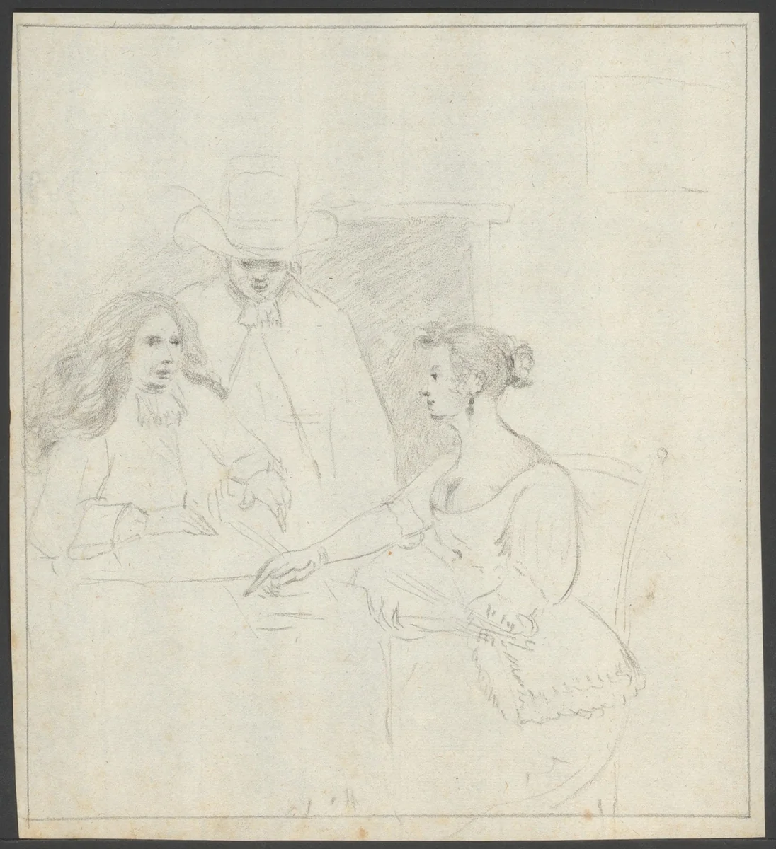 Twee mannen en een vrouw met luit aan tafel by anonymous, drawing, 1800-1899
