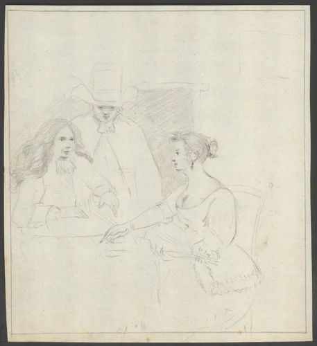 Twee mannen en een vrouw met luit aan tafel by anonymous, drawing, 1800-1899