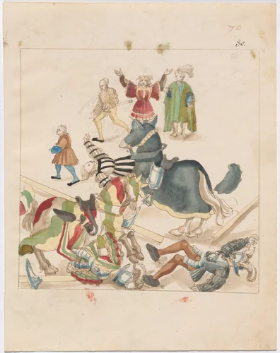 Mock Joust of War with Flying Shields by German 16th Century, drawing, 1515