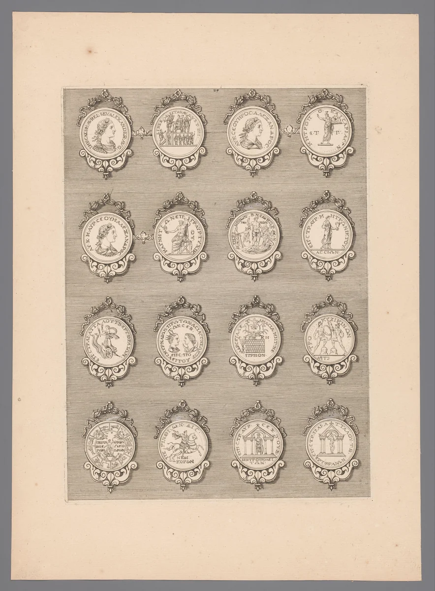 Zestien penningen met versierde lijsten by Simon de la Boissière, print, 1647-1682