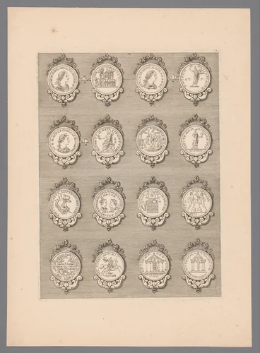 Zestien penningen met versierde lijsten by Simon de la Boissière, print, 1647-1682