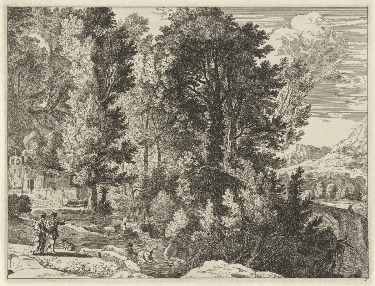 Landschap met wasvrouwen by anonymous, print, 1633-1679