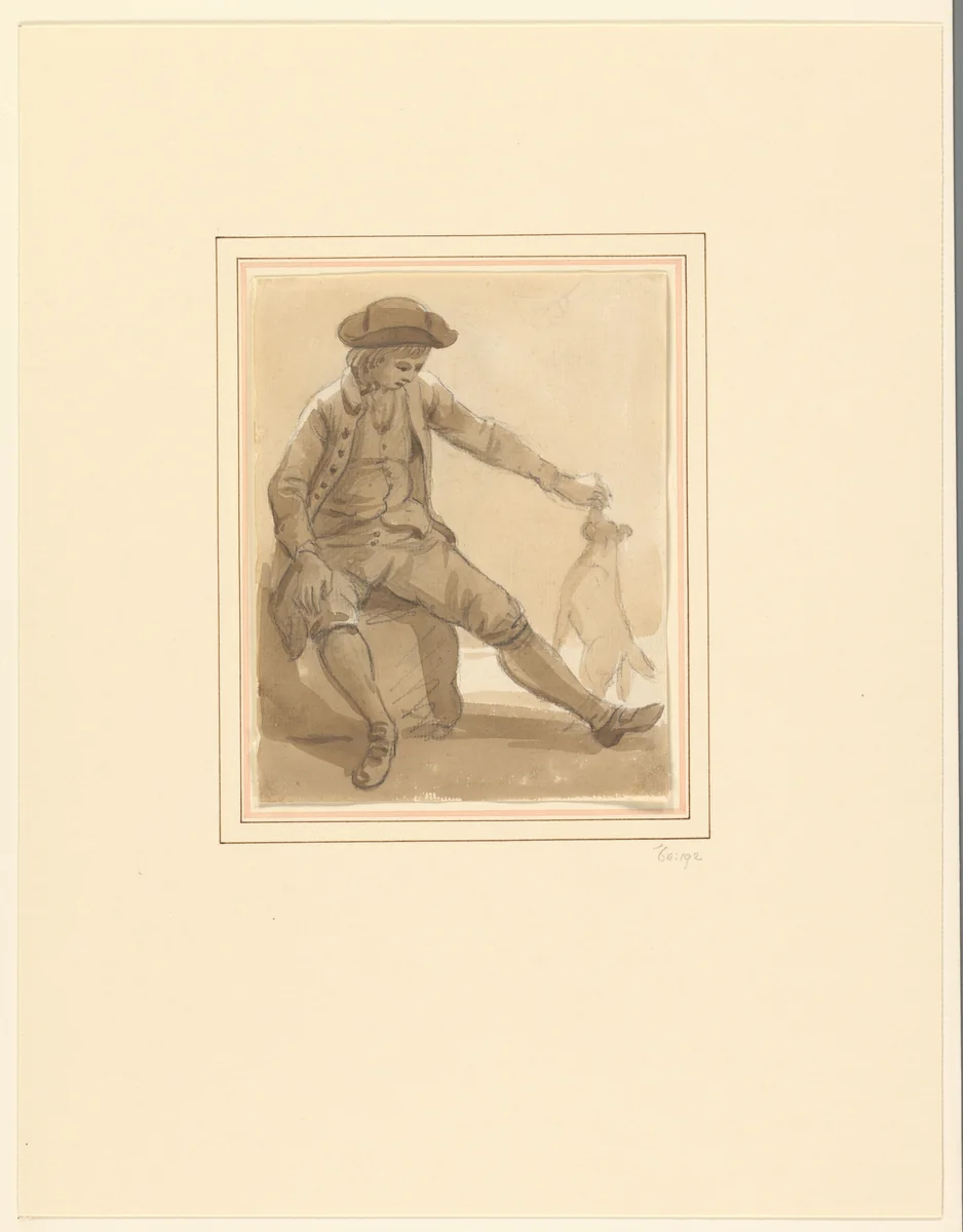 Jongen spelend met een hond by Paul Sandby, drawing, 1735-1809